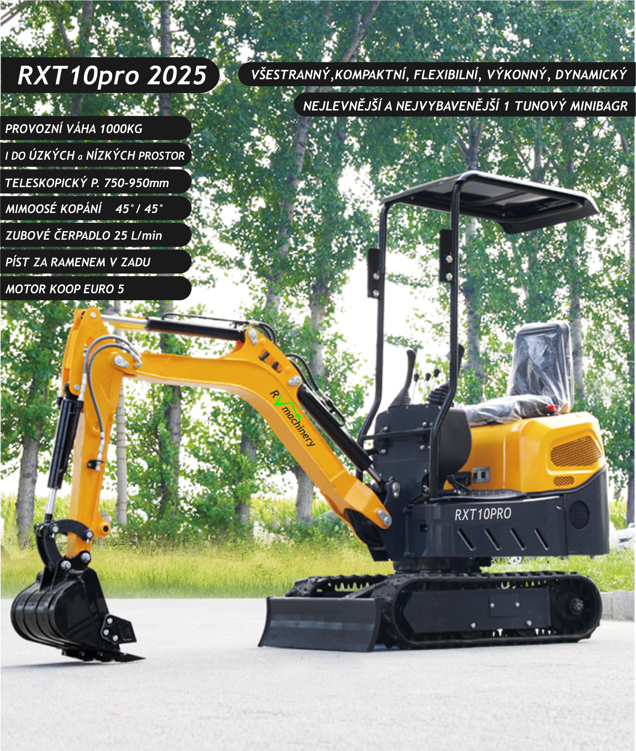 Minibagr RXT10PRO 1T – popis funkcí s důrazem na mimoosé kopání, vysoká flexibilita pro různé aplikace.